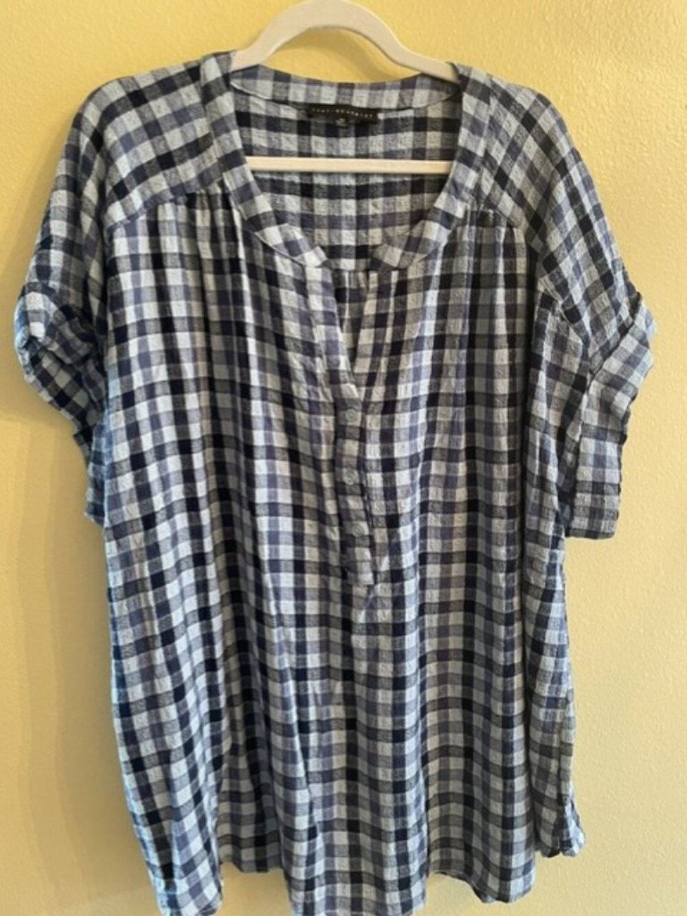 Jane + Delancey Blue Checked Short Sleeve Blouse, 3X